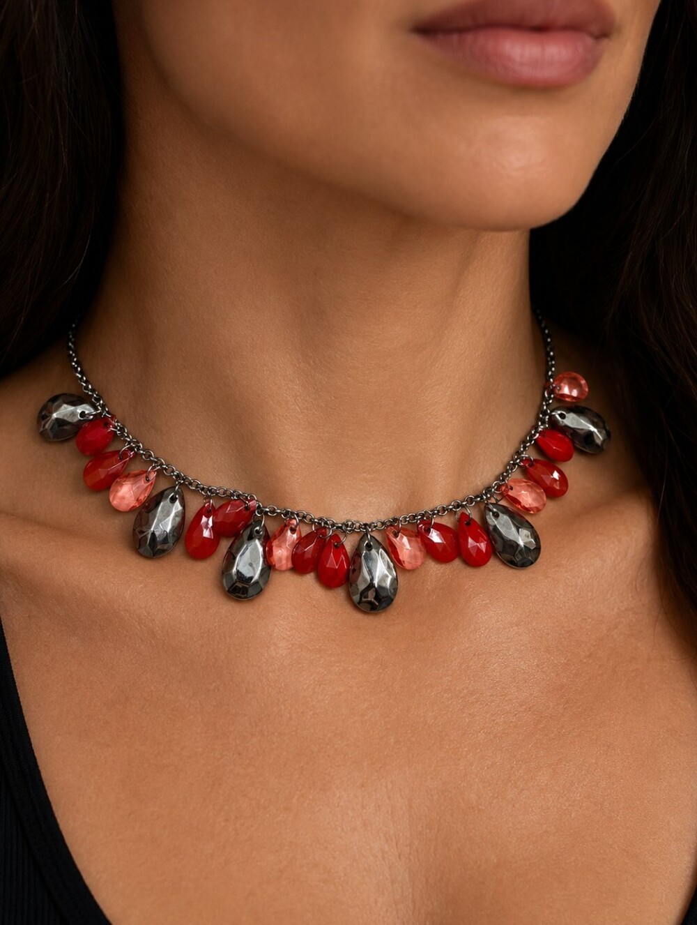 Silver Chain Necklace with Red and Coral Teardrop Beads